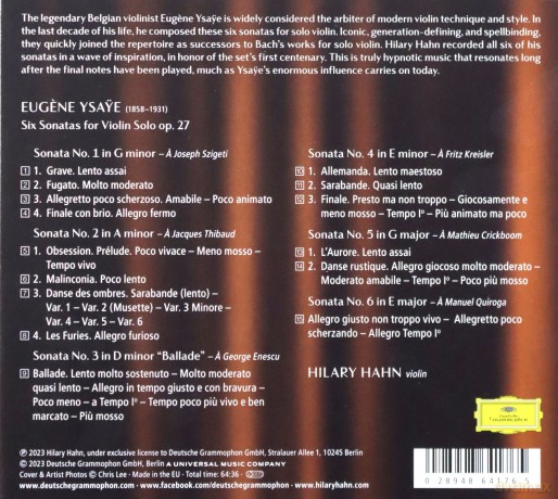 Hilary Hahn: Ysaye: 6 Sonatas For Violin Solo, Op. 27 [CD]
