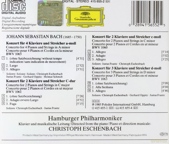 Eschenbach Frantz: Bach:Pno Ctos 2+4 [CD]