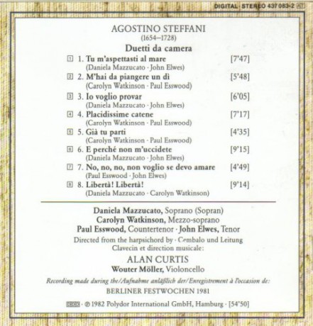 Esswood Watkinson: Steffani:Duetti Da Camera [CD]