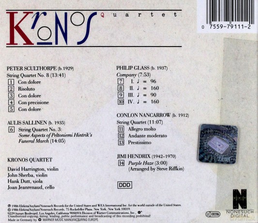 Kronos Quartet: Philip Glass, Sculthorpe, Sallinen, Hendrix [CD]