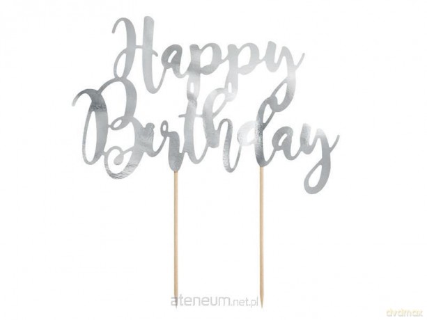Topper na tort Happy Birthday srebrny 22,5 cm