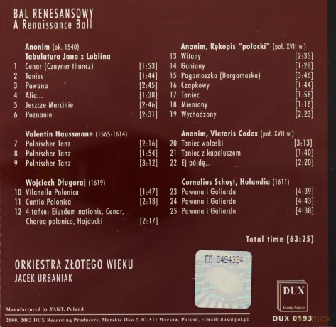 Bal Renesansowy w Warszawie - Orkiestra Złotego Wieku [CD]