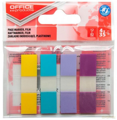 Zakładki indeksujące OFFICE PRODUCTS, PP, 12x43mm, 4x35 kart., zawieszka, mix kolorów pastel