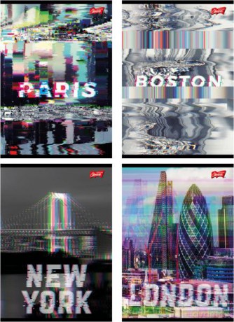 Zeszyt A5 60k linia laminowany GLITCHED CITY z lakierem miejscowym mix.
