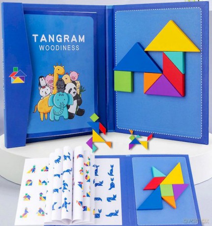 Tangram drewniane klocki z magnesem kształty z książką