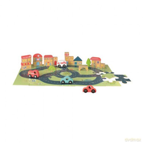 Drewniane puzzle, miasto i samochodziki