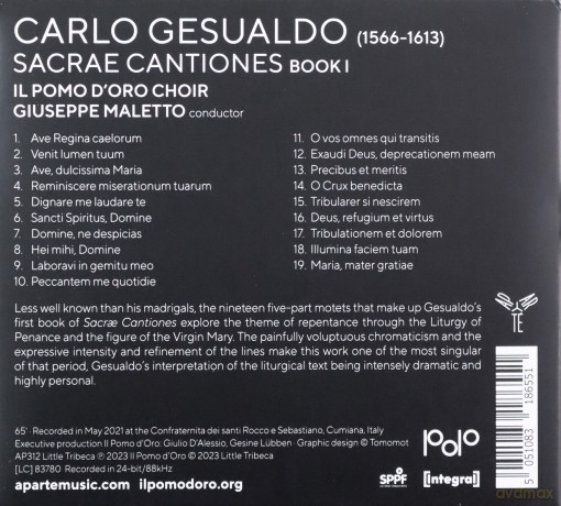 Gesualdo: Sacrae Cantiones Liber Primus Il Pomo D Oro Maletto [CD]