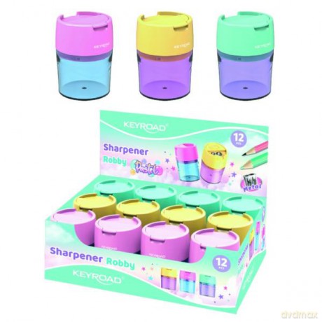 Temperówka plastikowa KEYROAD pastel podwójna z pojemnikiem mix