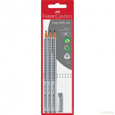 Grip 2001 set srebrny 3x ołówek hb +gumka nakładka blister faber-castell