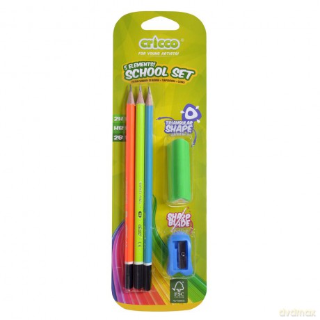 Ołówki cricco neonowe 3 szt. + temperówka + gumka blister