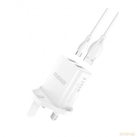 Dudao ładowarka sieciowa wtyczka UK (Wielka Brytania) 2xUSB-A 2.4A biała + kabel USB-A - USB-C biały