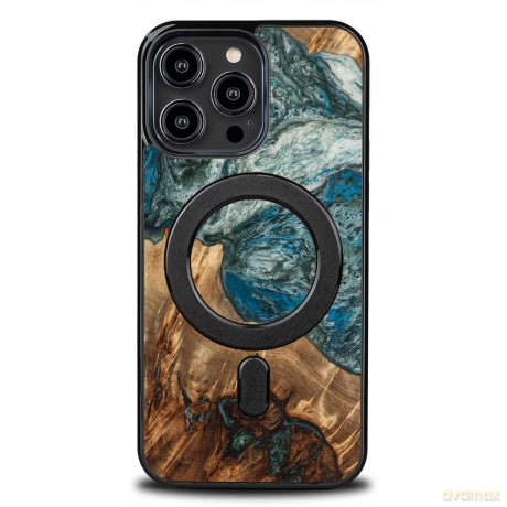 Etui z drewna i żywicy na iPhone 14 Pro Max MagSafe Bewood Unique Planeta Ziemia - niebiesko-zielone
