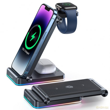Joyroom 3w1 ładowarka indukcyjna do sprzętu marki Apple - iPhone, Apple Watch, Airpods (do 15W) podstawka stojak czarna (JR-WQN01)
