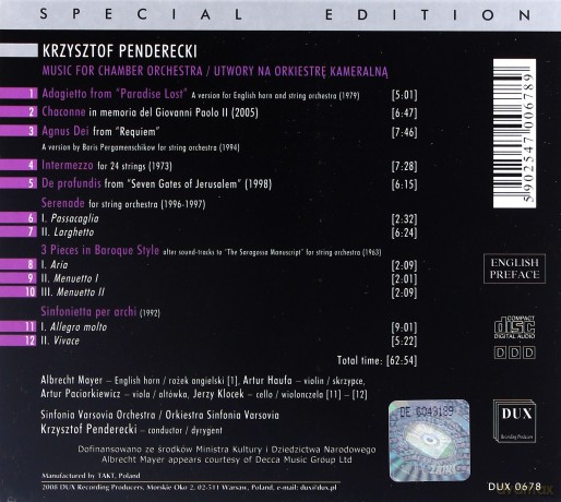 Utwory Na Orkiestrę Kameralną - Krzysztof Penderecki [CD]