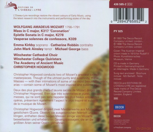Hogwood,Akademy..: Mozart:Kronungmesse [CD]