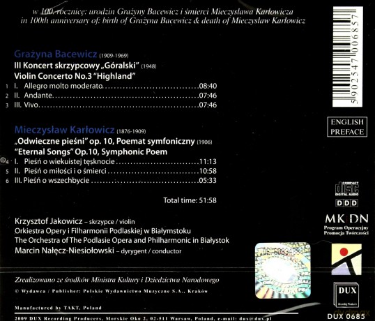Violin Concerto No.3 - Grażyna Bacewicz / Eternal Songs Op.10 - Mieczysław Karłowicz [CD]