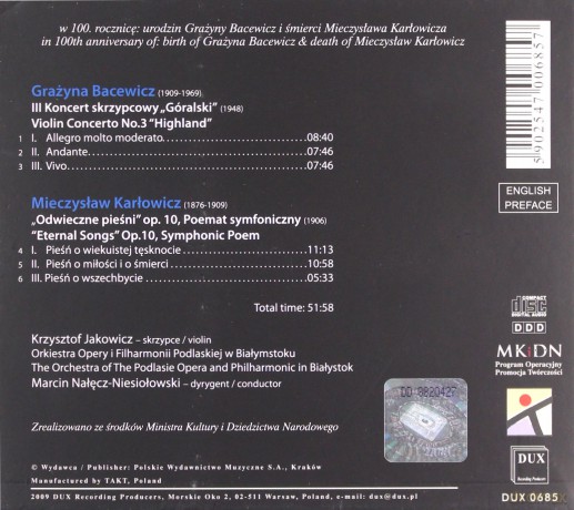 Violin Concerto No.3 - Grażyna Bacewicz / Eternal Songs Op.10 - Mieczysław Karłowicz [CD]