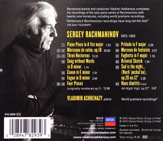 Vladimir Ashkenazy: Rachmaninov Rarities [CD]