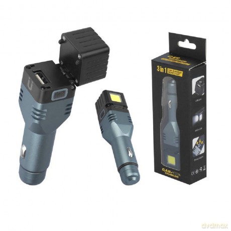 Latarka samochodowa 4in1 ALU 1-LED 250lm + COB 300lm, akumulator 1500mAh, ładowarka USB 2,1A ,młotek do szyby,magnes,łamana