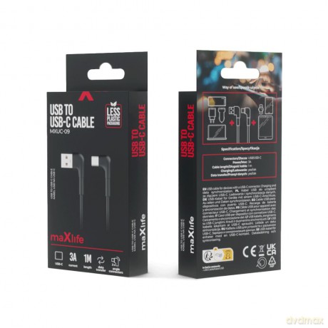 Maxlife kabel kątowy MXUC-09 USB - USB-C 1,0 m 3A czarny