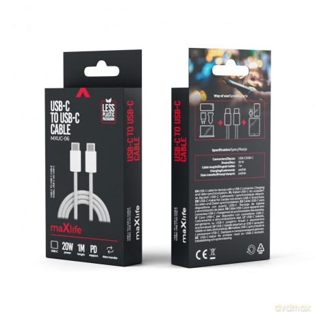 Maxlife kabel MXUC-06 USB-C - USB-C 1,0 m 20W szary nylonowy