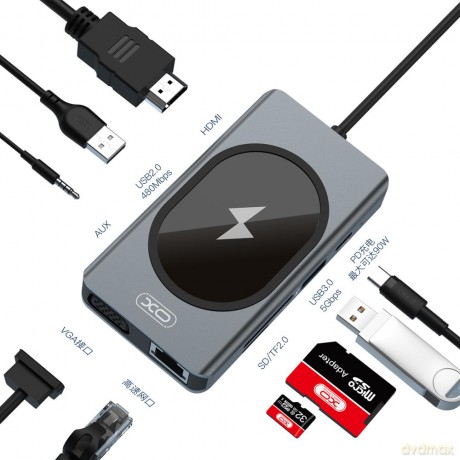 XO adapter HUB HUB007 9w1 z ładowarką indukcyjną szary