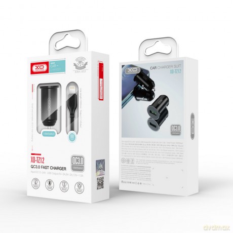 XO ładowarka samochodowa TZ12 QC 3.0 18W 1x USB czarna + kabel Lightning