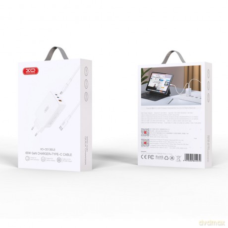 XO ładowarka sieciowa CE13 PD QC 3.0 65W 1x USB 2x USB-C biała + kabel USB-C - USB-C