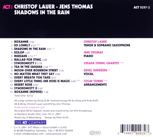 Lauer, Christof (J. Thomas, Cikada String Quartet, Sidsel Endresen): Shadows in the Rain (The Sting Project) [CD]