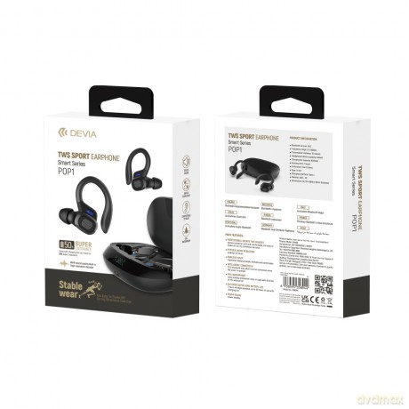 Devia słuchawki Bluetooth TWS Pop1 czarne sportowe