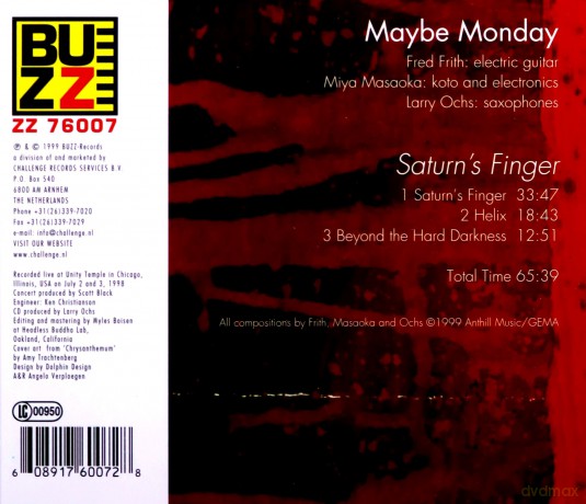 Maybe Monday (F. Frith, M. Masaoka, L. Ochs): Saturn's Finger [CD]