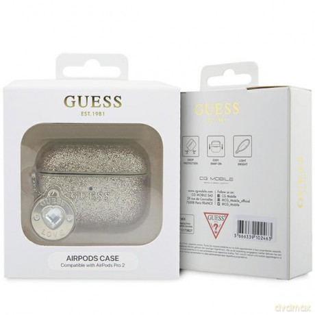 Guess etui do AirPods Pro 2 GUAP2PGEHCDD złote Fixed Glitter W/ Heart Diamond Charm Light