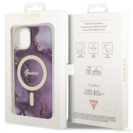 Guess nakładka do iPhone 14 6,1" GUHMP14SHTMRSU purpurowa hard case Golden Marble MagSafe