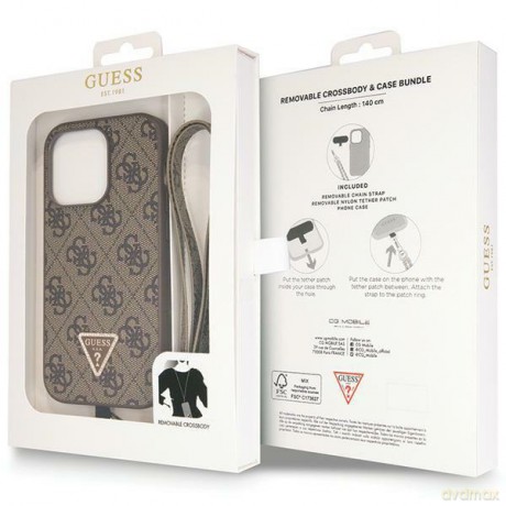 Guess nakładka do iPhone 14 Pro 6,7" GUHCP14LP4TDSCPW brązowa HC PU Leather Metal Logo Strass Crossbody