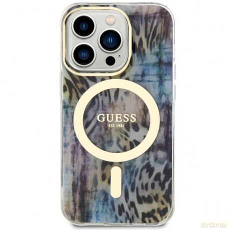 Guess nakładka do iPhone 14 Pro Max 6,7" GUHMP14XHLEOPWB niebieska hard case Leopard MagSafe