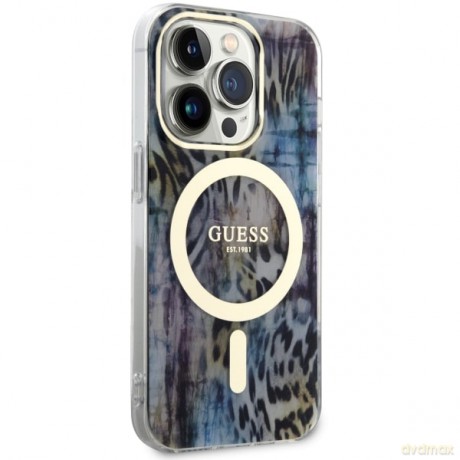 Guess nakładka do iPhone 14 Pro Max 6,7" GUHMP14XHLEOPWB niebieska hard case Leopard MagSafe