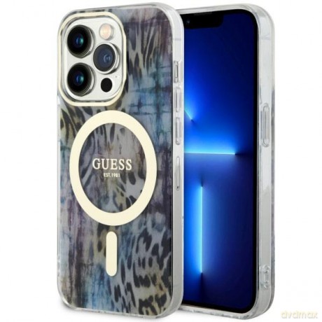 Guess nakładka do iPhone 14 Pro Max 6,7" GUHMP14XHLEOPWB niebieska hard case Leopard MagSafe