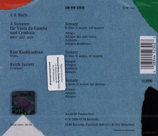 Jarrett,Kashkashian: Bach:3 Sonaten F.Viola D.Gamba U.Cembalo [CD]