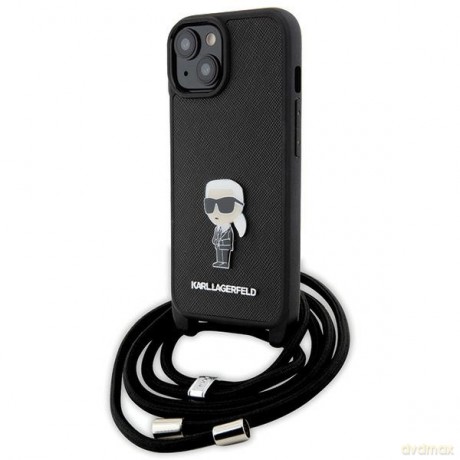 Karl Lagerfeld nakładka do iPhone 15 6,1" KLHCP15SSASKNPSK czarna HC Saffiano Ikonik Metal Pin Monogram Crossbody