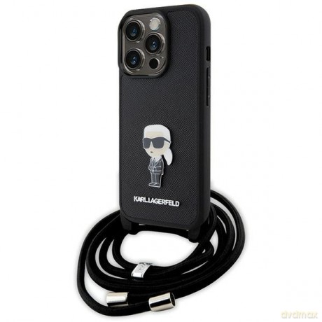 Karl Lagerfeld nakładka do iPhone 15 Pro 6,1" KLHCP15LSASKNPSK czarna HC Saffiano Ikonik Metal Pin Monogram Crossbody