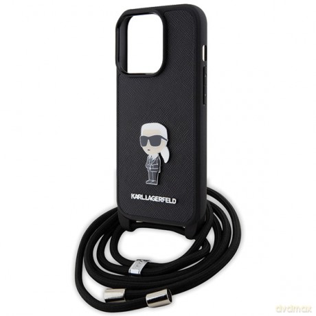 Karl Lagerfeld nakładka do iPhone 15 Pro 6,1" KLHCP15LSASKNPSK czarna HC Saffiano Ikonik Metal Pin Monogram Crossbody