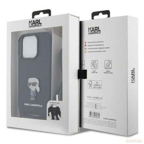 Karl Lagerfeld nakładka do iPhone 15 Pro 6,1" KLHCP15LSASKNPSK czarna HC Saffiano Ikonik Metal Pin Monogram Crossbody