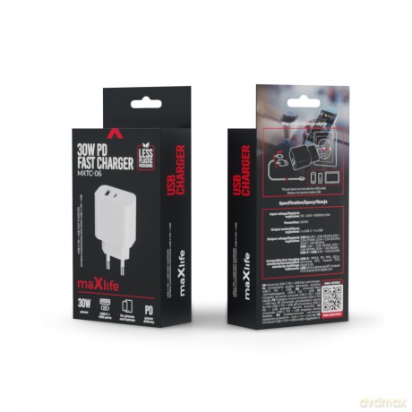 Maxlife ładowarka sieciowa PD QC MXTC-06 1x USB-C 1x USB 30W biała