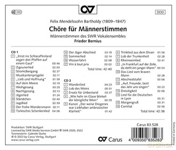 Christopher Kaplan: Felix Mendelssohn: Chöre Für Männerstimmen [2CD]
