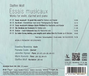 Ewelina Nowicka: Steffen Wolf: Essais Musicaux - Werke Für Violine, Klarinett, Klavier Und Erzähler (Weltersteinspielung) [CD]