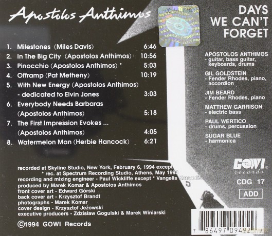 Anthimos, Apostolos (G. Goldstein, J. Beard, M. Garrison, P. Wertico): Days We Can't Forget [CD]
