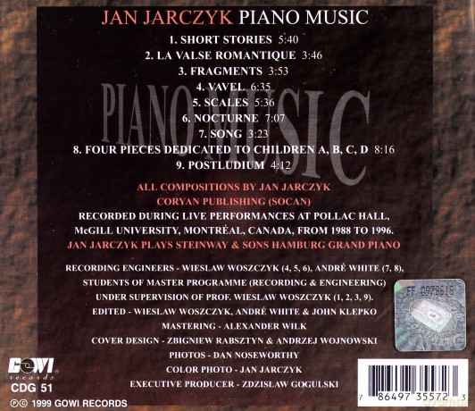 Jarczyk, Jan (piano solo): Piano Music Live at Pollack Hall [CD]