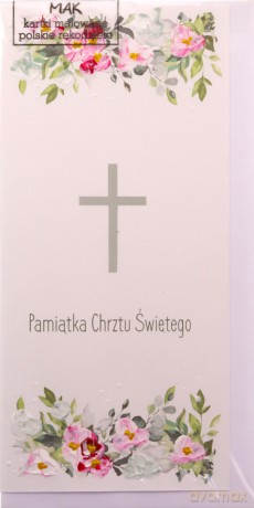 Karnet Chrzest DL C18 - Krzyż kwiaty róż