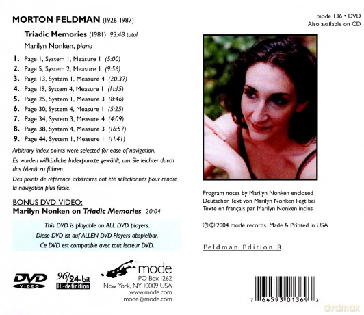 Feldman, Morton FE/8: Triadic Memories: Marilyn Nonken - piano (96/24 BIT Hi-definition) [DVD]