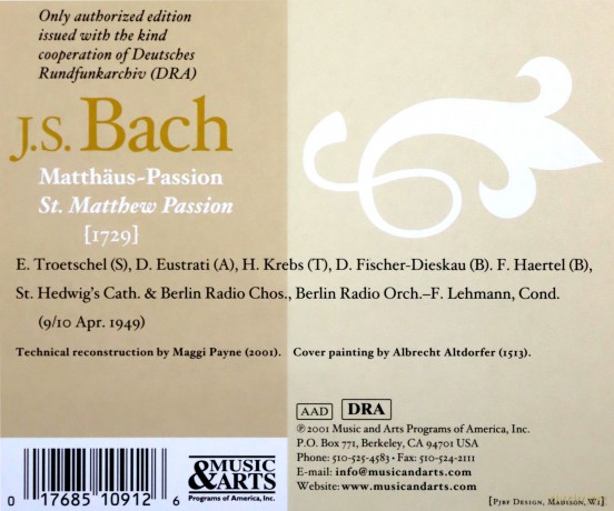 Bach: St. Matthew Passion, April 1949: Lehmann, Fritz - conductor, Troetschel, Eustrati, Krebs, Fischer-Dieskau, Haertel. April 1949 [3CD]